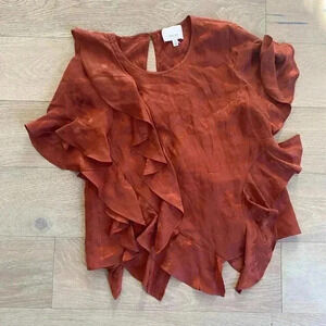 Cinq a Sept Rust Orange Silk Jacquard Ruffle Sol Blouse XS